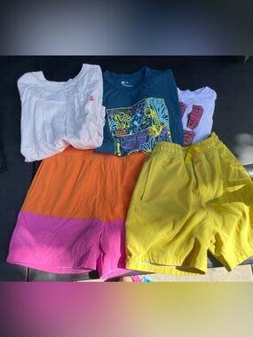 Boys bundle Pink Orange Shorts & Yellow Athletic Shorts with Graphic Tees